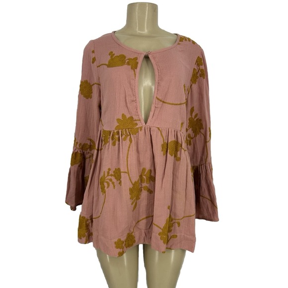 by Timo Small Women Embroidery Floral Boho Bell Sleeves Blouse Top Key Hole T12 - Picture 1 of 7
